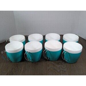 VTG SET OF 8 West Bend Thermo-Serv Coffee Mugs Turquoise White Metal Handle USA
